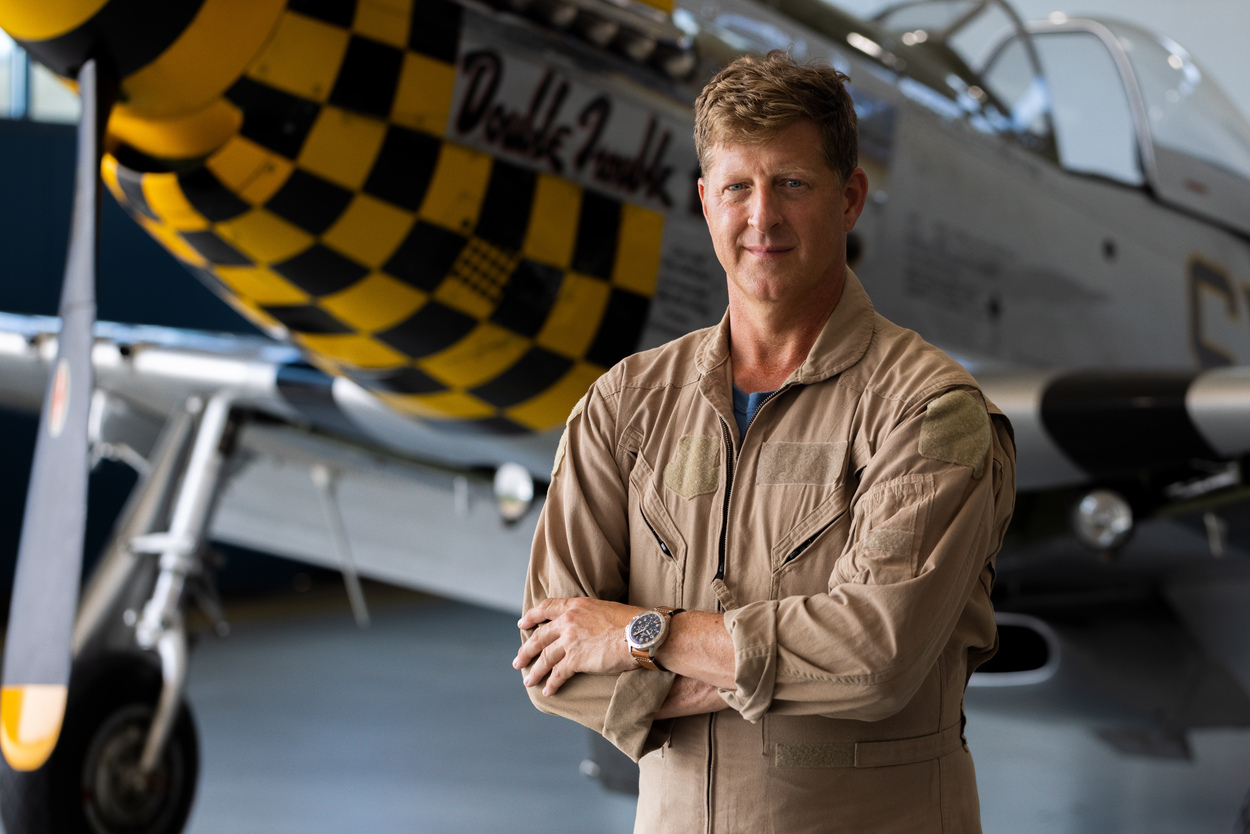 Ray Fowler, wearing the Breitling Super AVI P-51 Mustang during the Super AVI campaign shoot_RGB