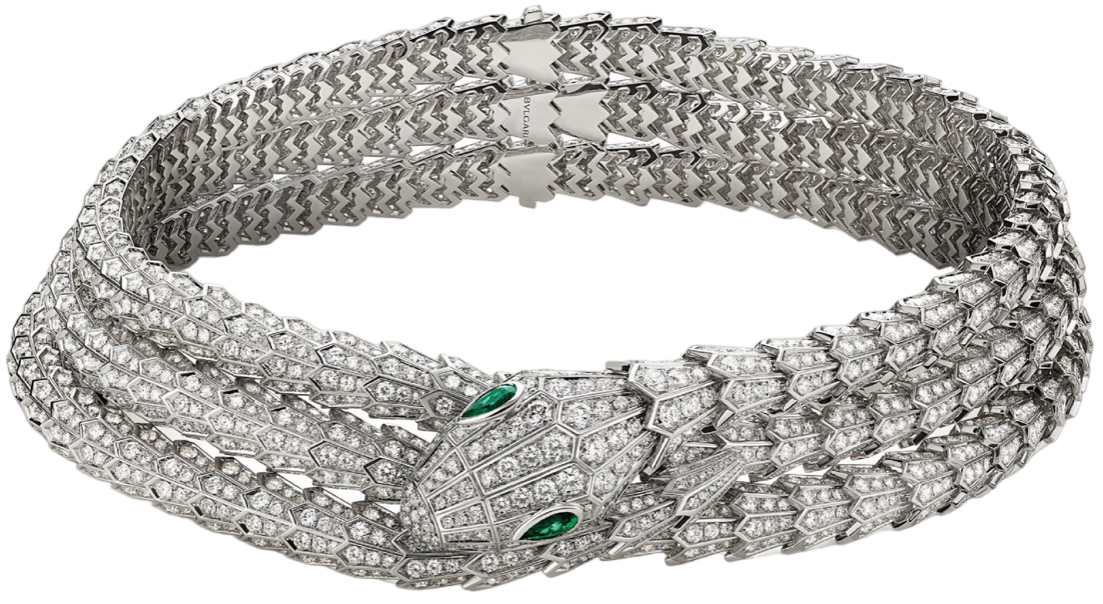 High Jewelry Serpenti Necklace in white gold with 2 pear-shaped brilliant cut Emeralds and pavé-set diamonds