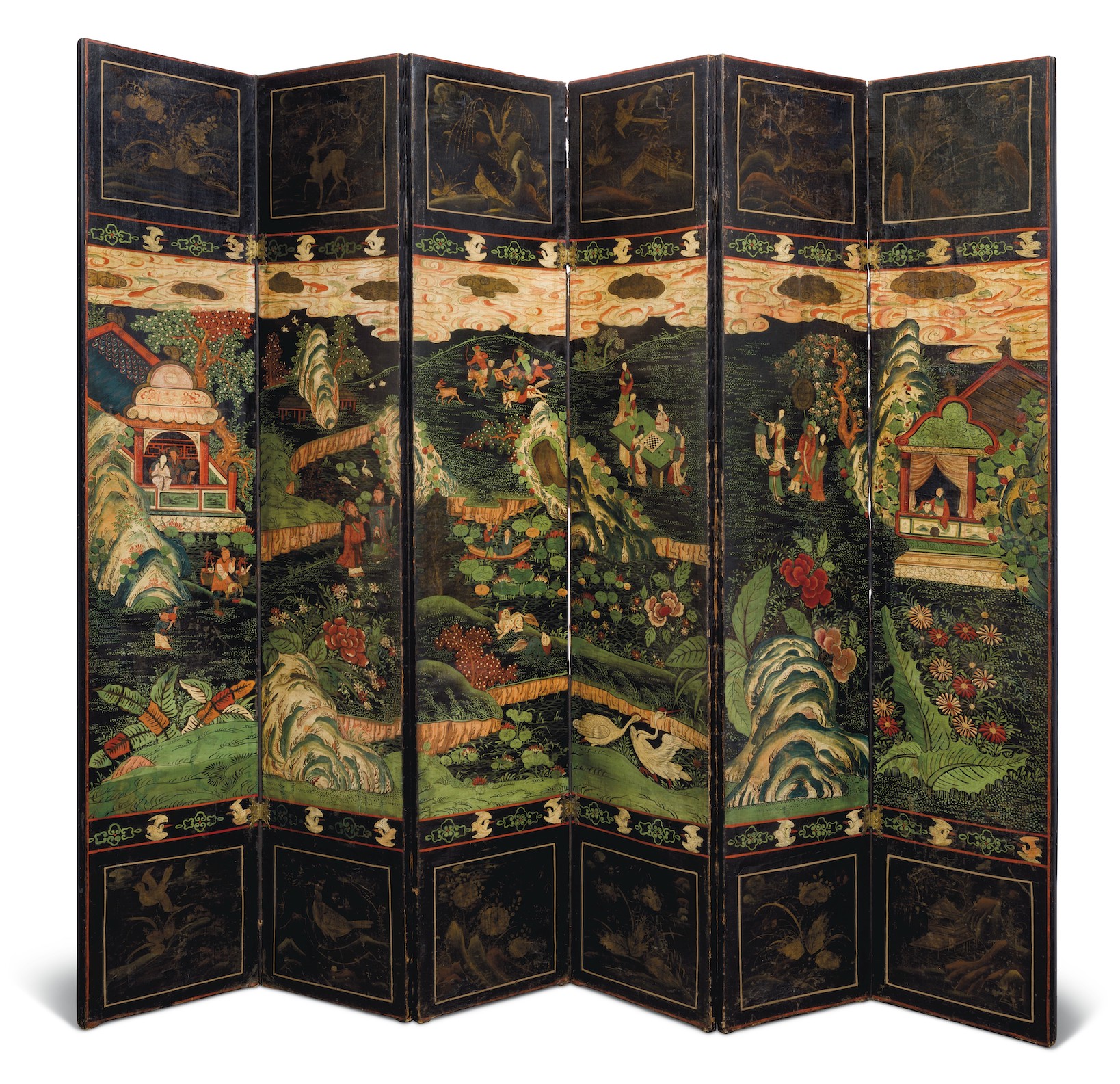 A NORTH EUROPEAN PAINTED CANVAS SIX FOLD CHINOISERIE SCREEN