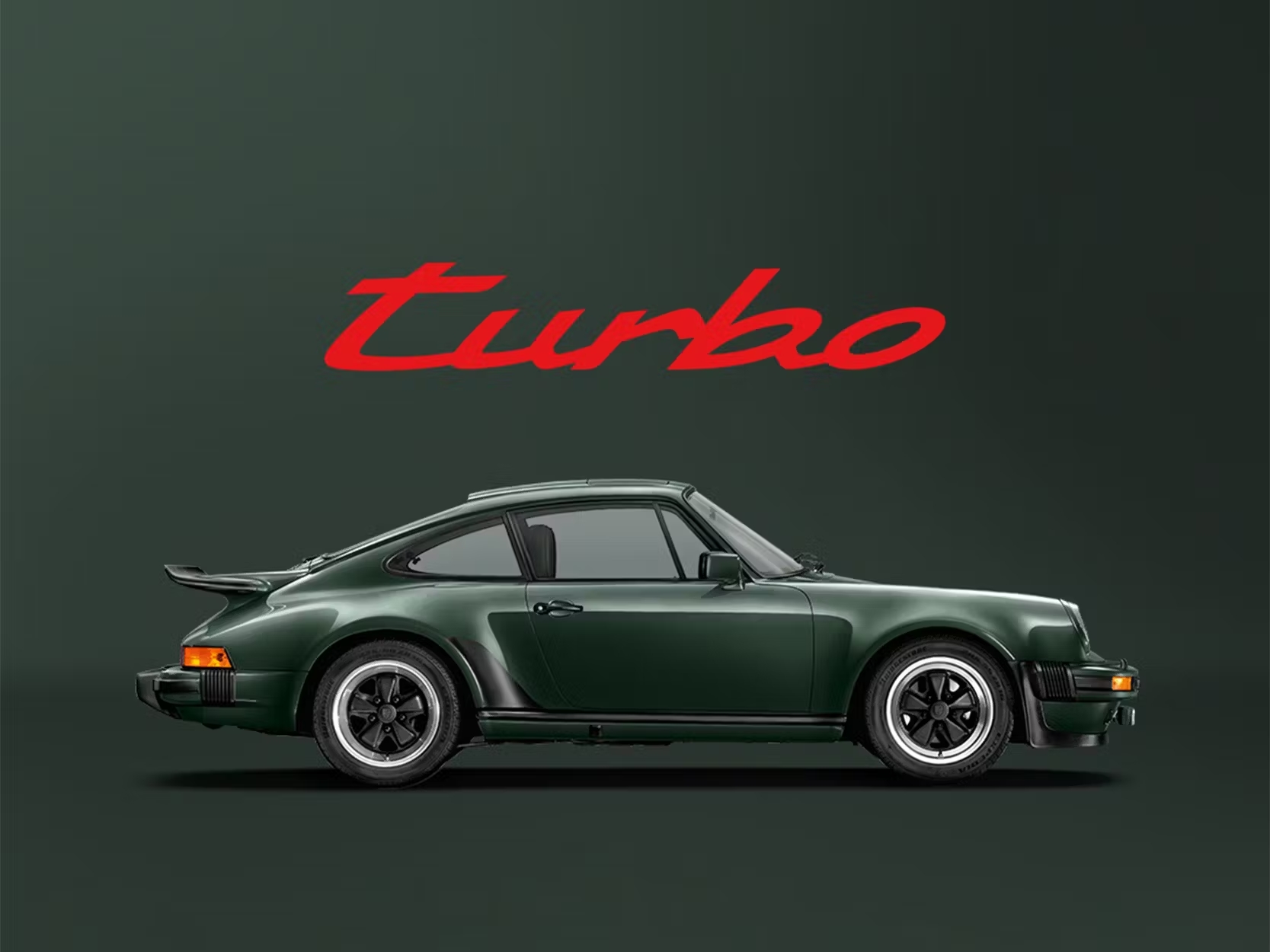 Darkgreen historic Porsche 911 Turbo on a darkgreen background with a red Turbo lettering above