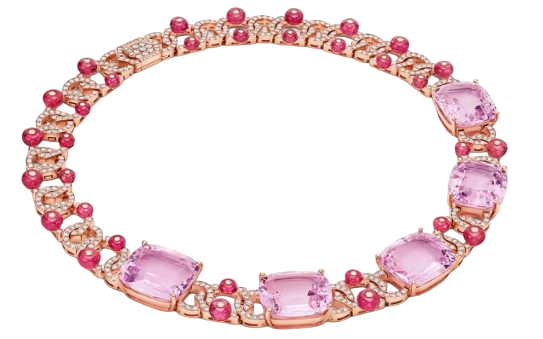 High Jewelry necklace in pink gold with 5 cushion kunzites 135.07 ct 32 pink tourmaline beads 34.71 ct and pavé set diamonds 7.68 ct PhotoRoom.png PhotoRoom