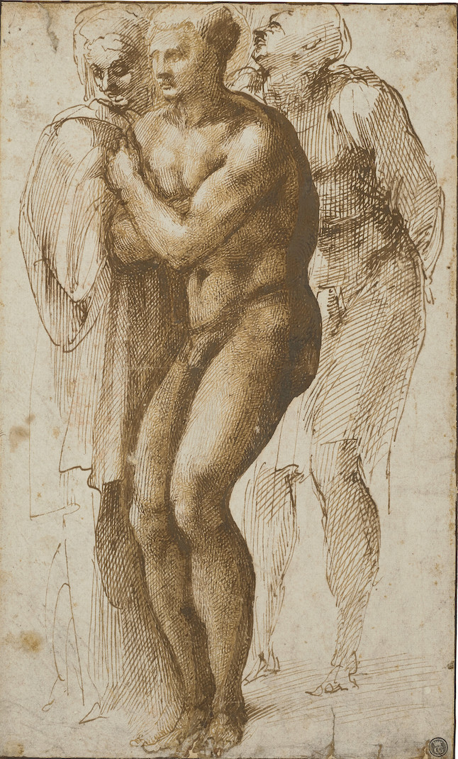 Michelangelo buonarroti a nude man and two figures behind093936