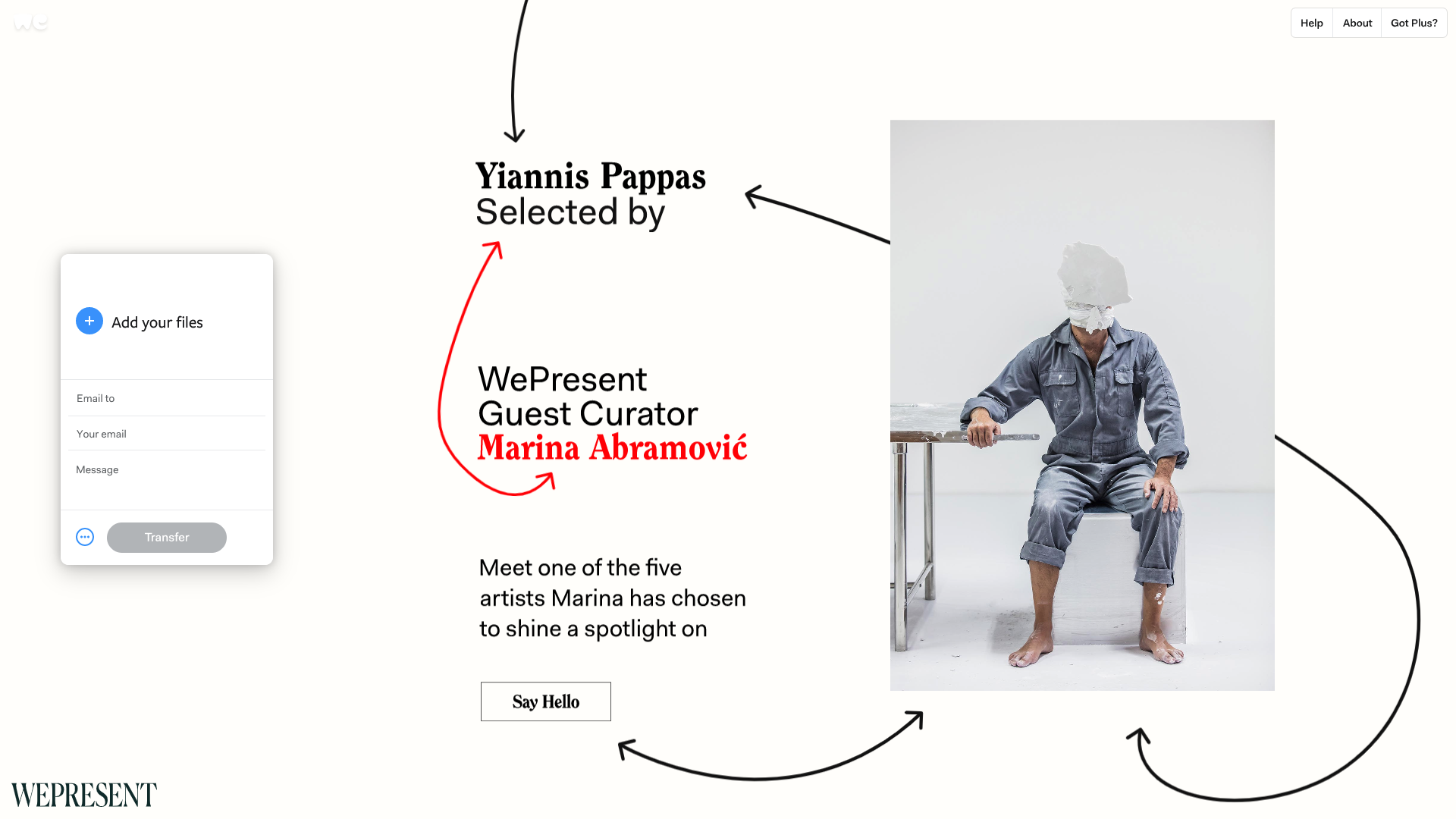 Screencapture of WeTransfer wallpaper. Yiannis Pappas selected by guest curator Marina Abramovic