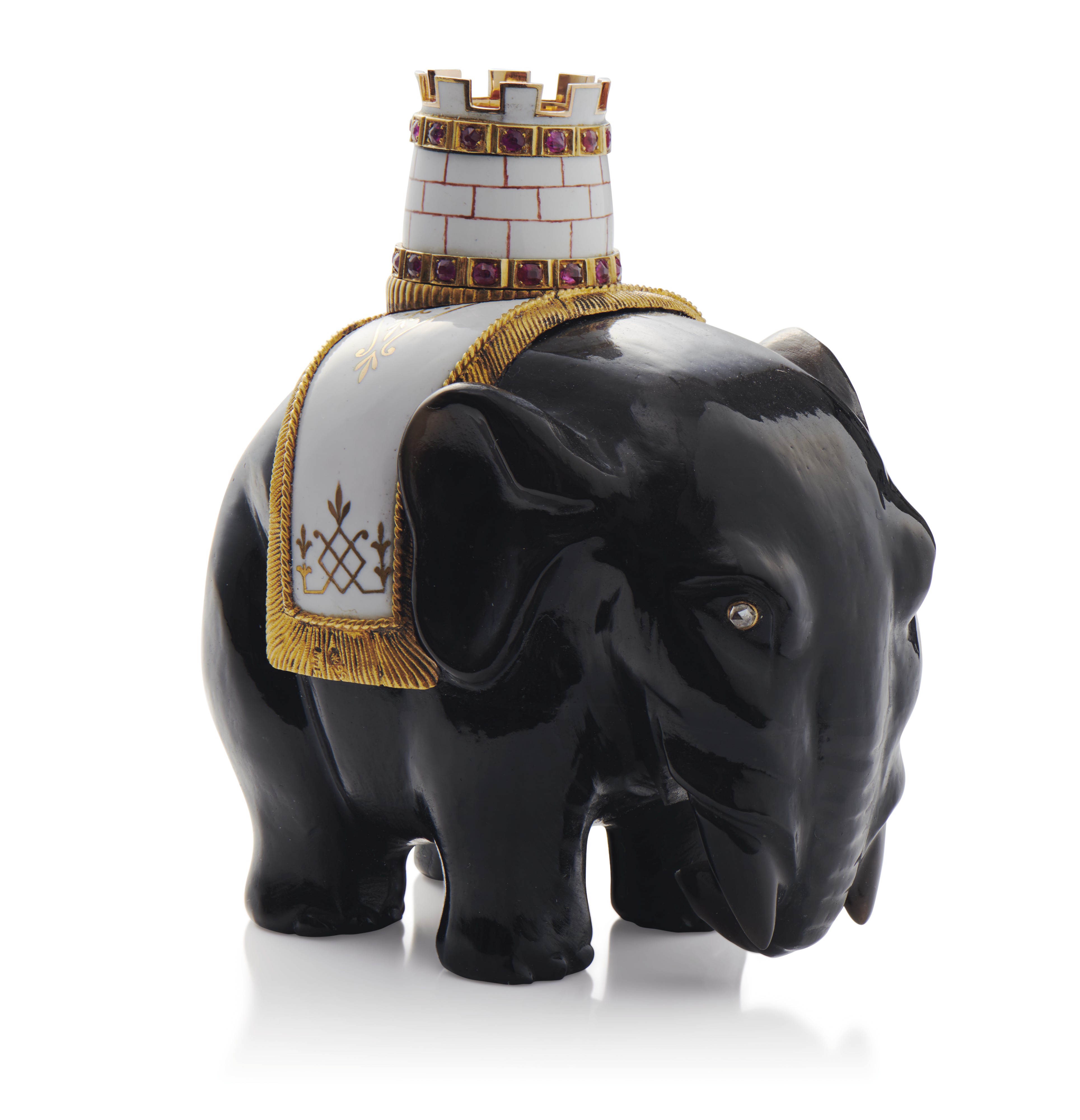 фигурка слона с башенкой из обсидиана, украшенная золотом, драгоценными камнями и эмалью
