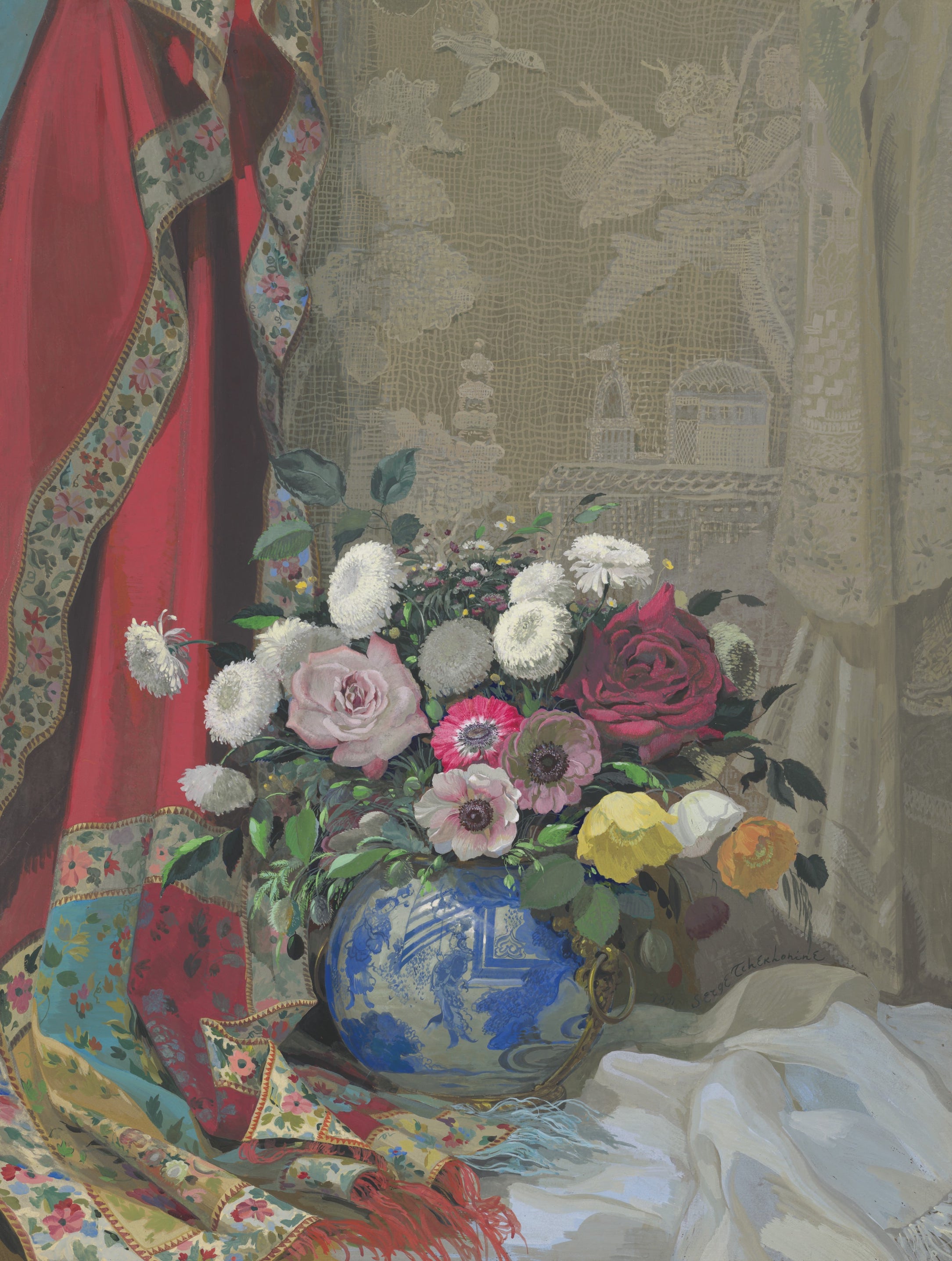 Сергей Чехонин Натюрморт с розами, анемонами и хризантемами в китайской вазе